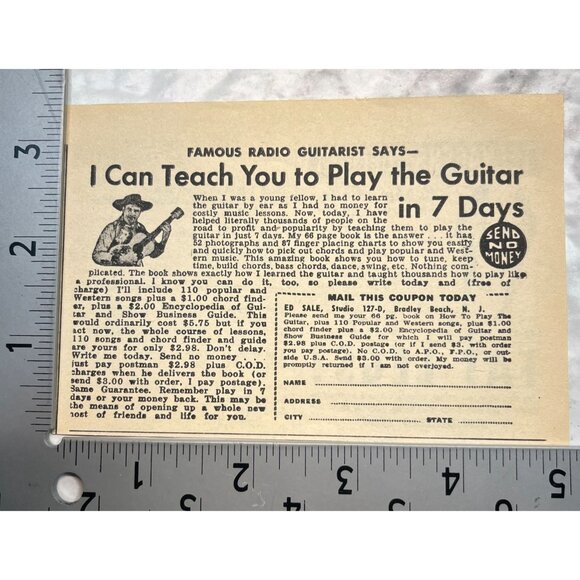 Ed Sale Learn to Play Guitar Print Ad Vintage 1950s Mail Order Bradley Beach NJ - Picture 2 of 5
